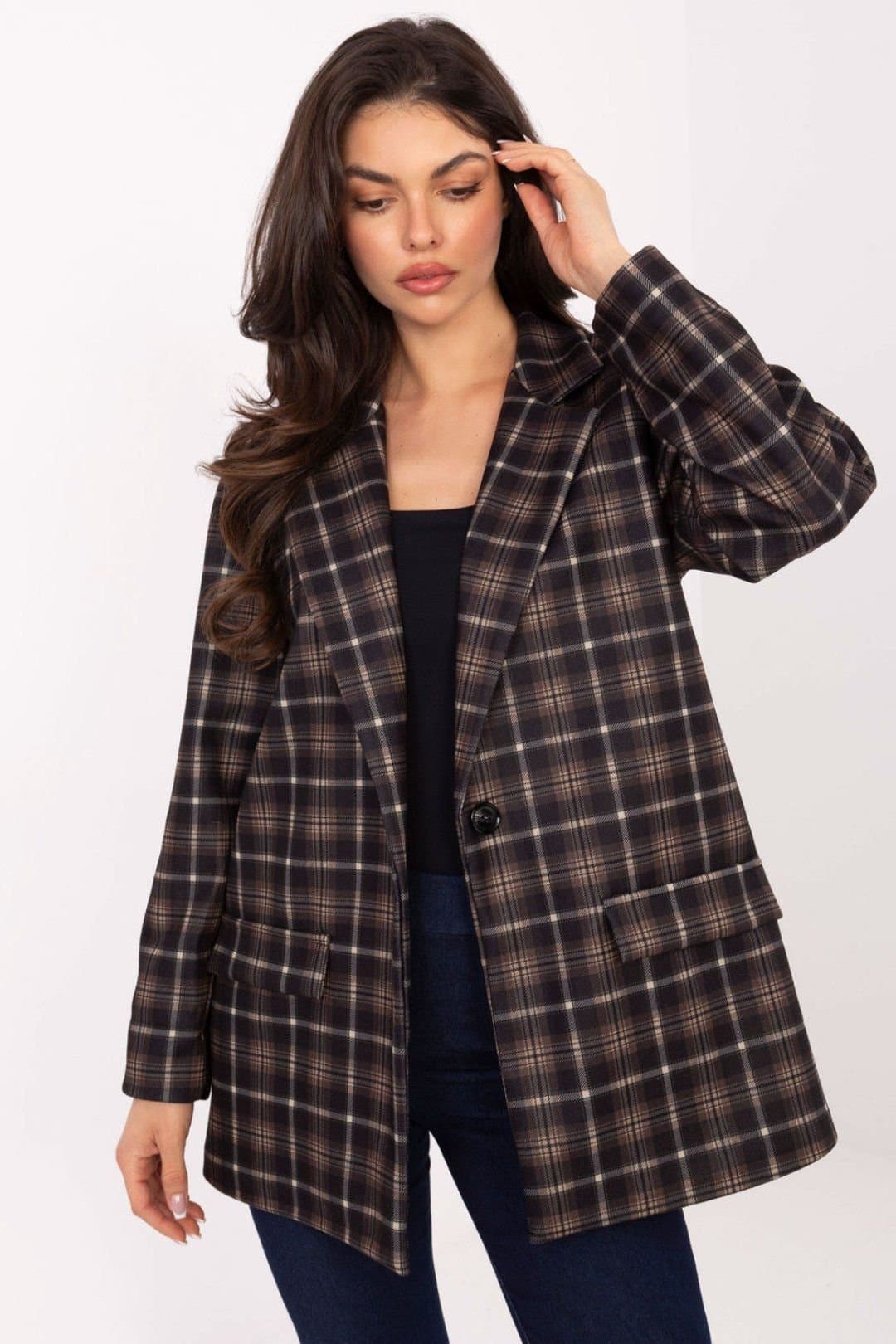 Love Lace Love Lace Women's Checked Blazer with Lined Viscose Blend in Dark Brown