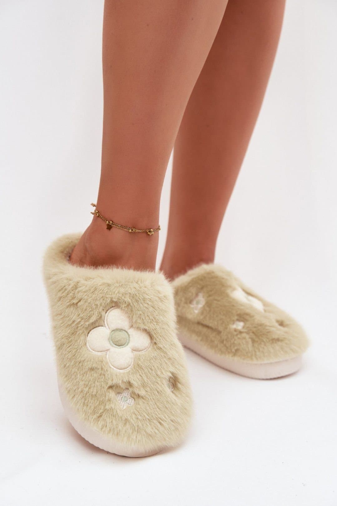 Love Lace Love Lace Women's Fur Floral Step Home Slippers Soft Insole Warm Cozy Evenings in Green