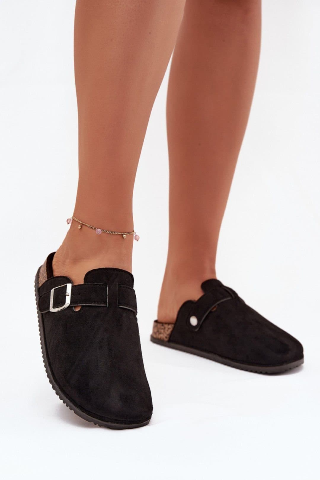 Love Lace Love Lace Women's Big Star Suede Flip Flops with Cork Sole Covered Toe Buckle in Black