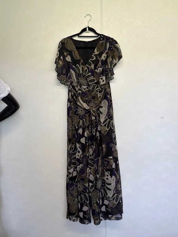 No Logo Wide leg jumpsuit palazzo floaty purple khaki green tan uk14  chiffon