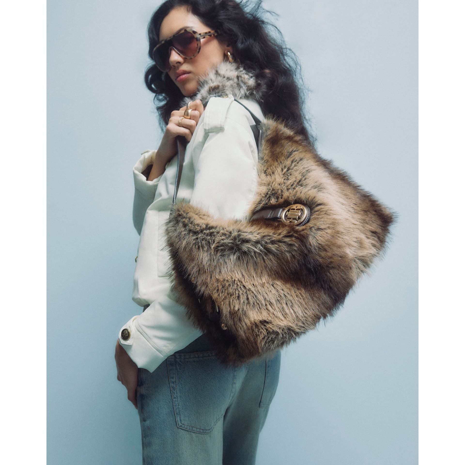 River Island River Island Womens Brown Faux Fur Flap Buckle Corner Slouch Bag