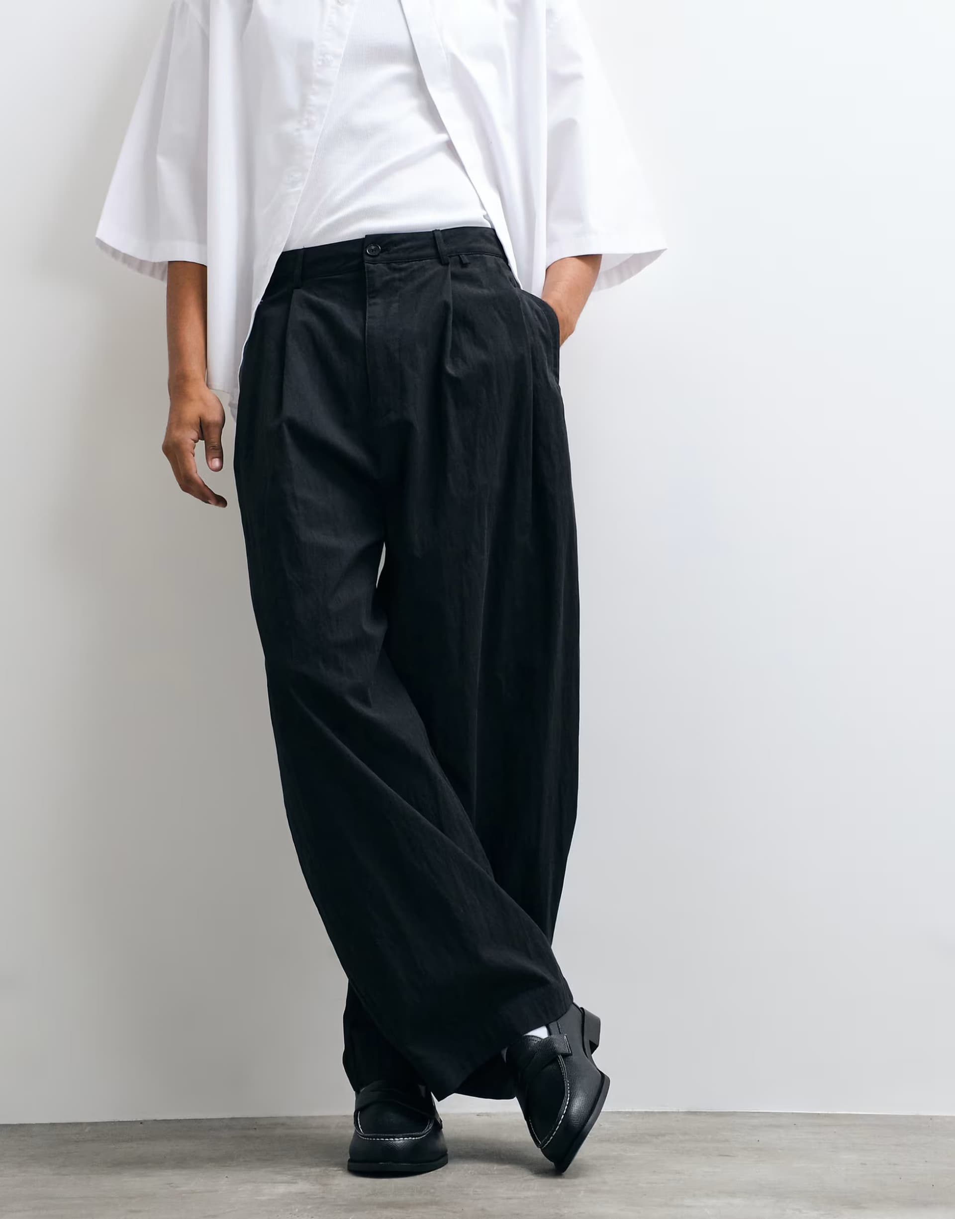 ASOS Cernucci pleated barrel leg trousers in black
