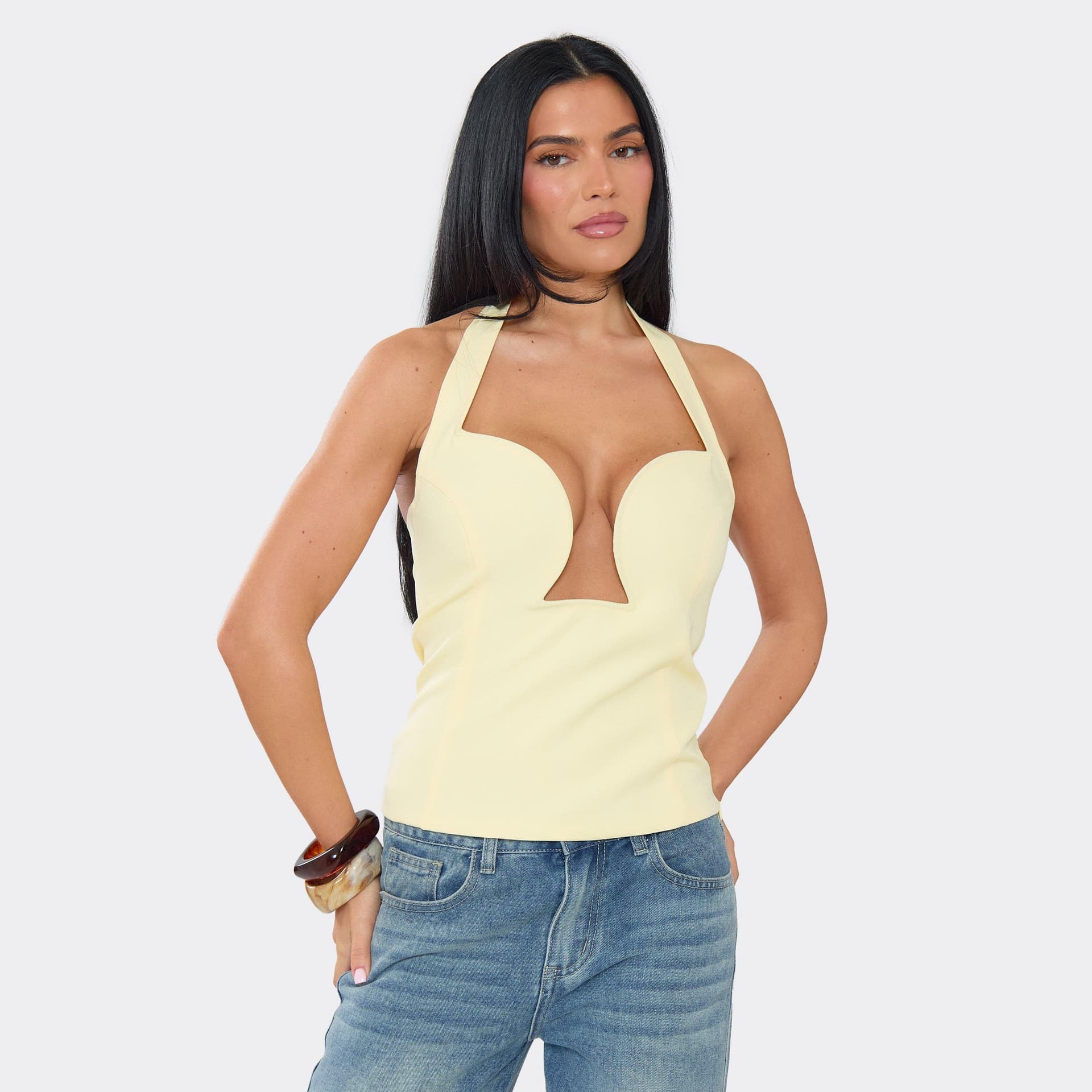 EGO Halter Neck Plunge Detail Top In Lemon, Women's Size UK 6