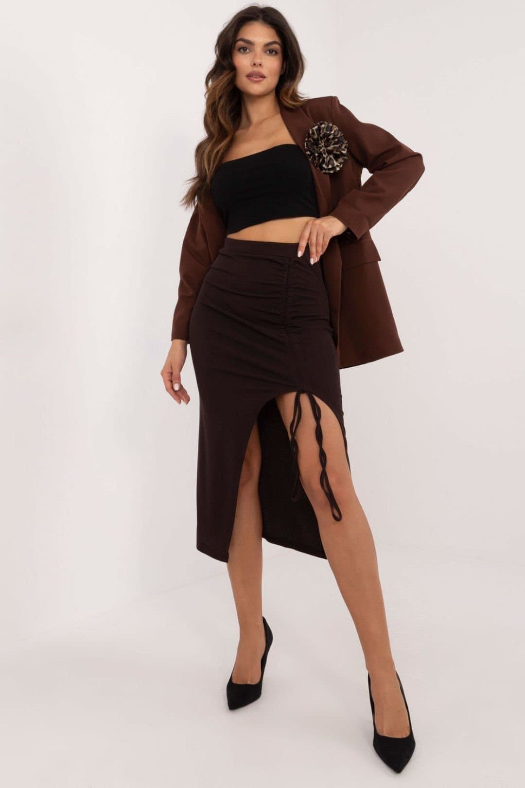 Love Lace Love Lace Women's Ribbed Polyester Pencil Midi Skirt With Slit in Brown