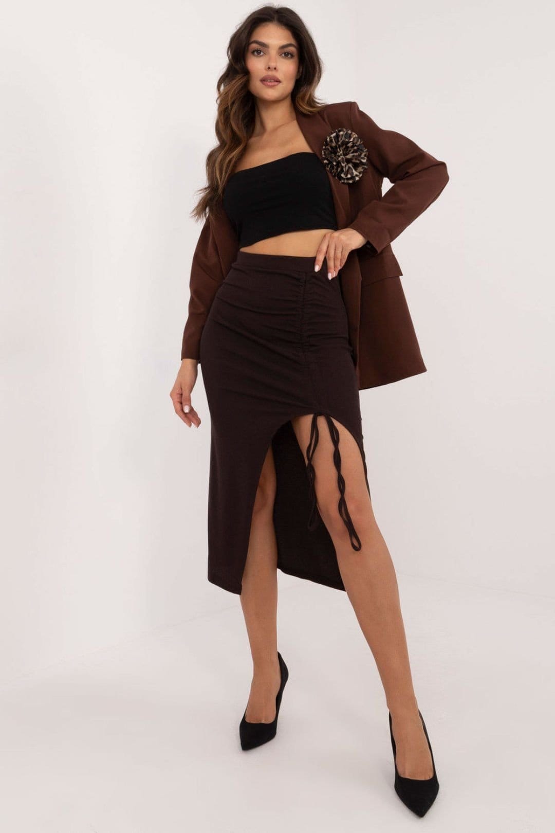 Love Lace Brown Ribbed Polyester Pencil Midi Skirt With Slit