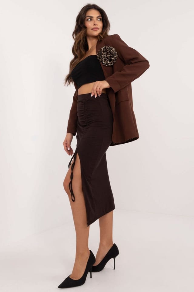 Love Lace Love Lace Women's Ribbed Polyester Pencil Midi Skirt With Slit in Brown - 2