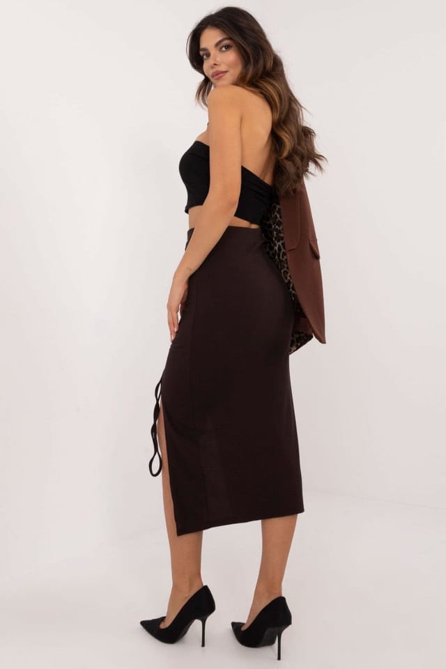 Love Lace Love Lace Women's Ribbed Polyester Pencil Midi Skirt With Slit in Brown - 3