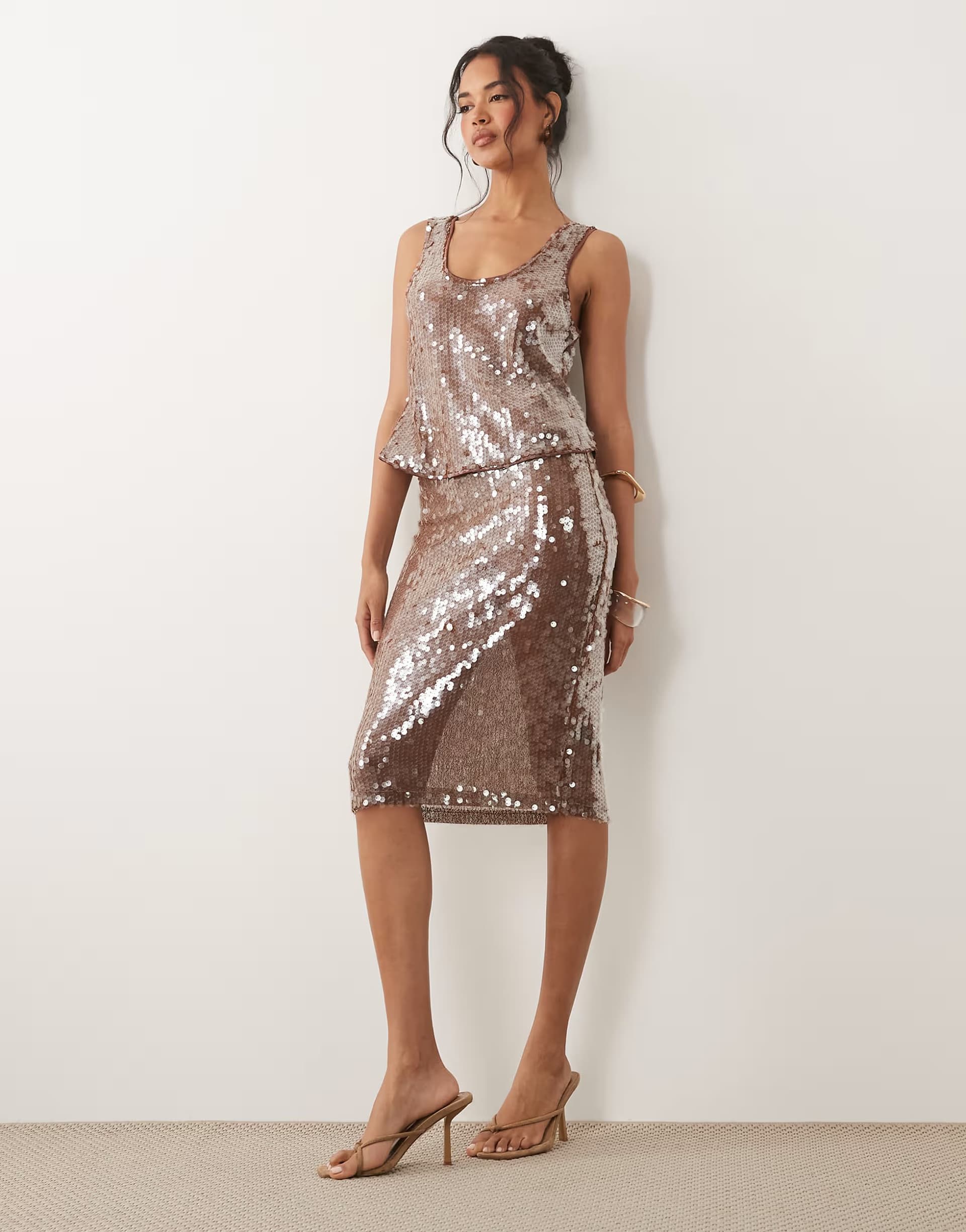 ASOS ASOS DESIGN co-ord glass sequin pencil midi skirt in brown