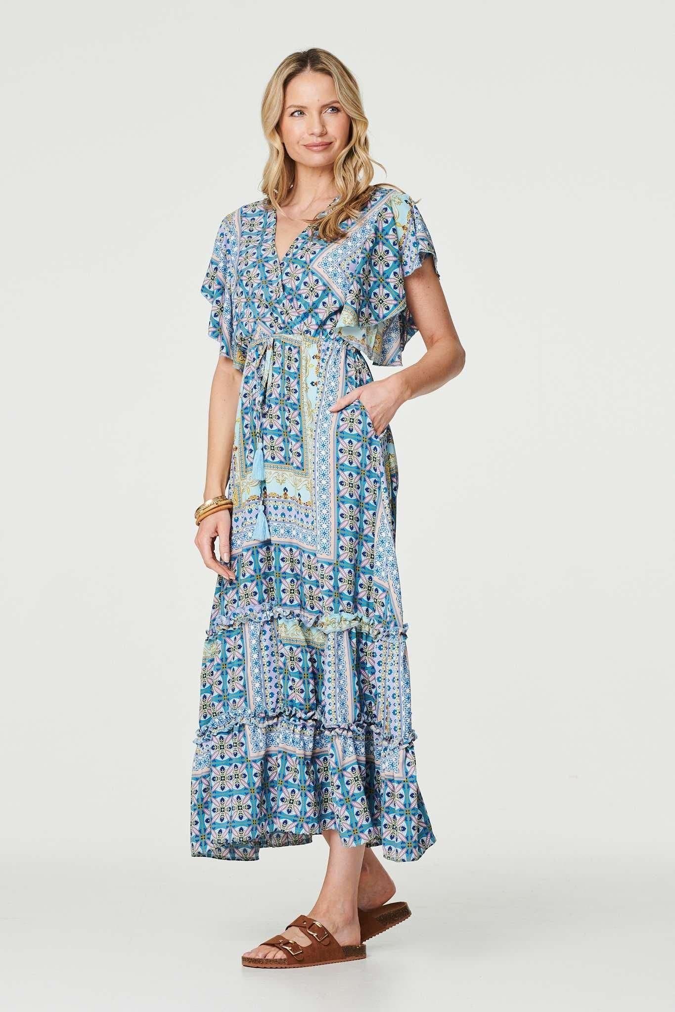 Izabel London Izabel London Women's Printed Frill Sleeve Maxi Dress in Blue