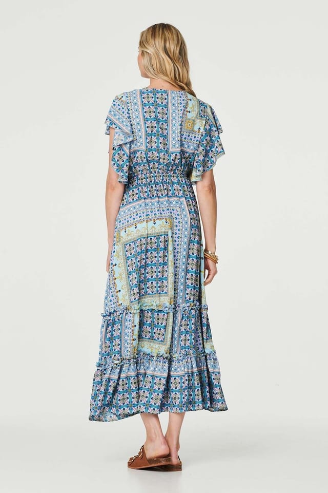 Izabel London Izabel London Women's Printed Frill Sleeve Maxi Dress in Blue - 3