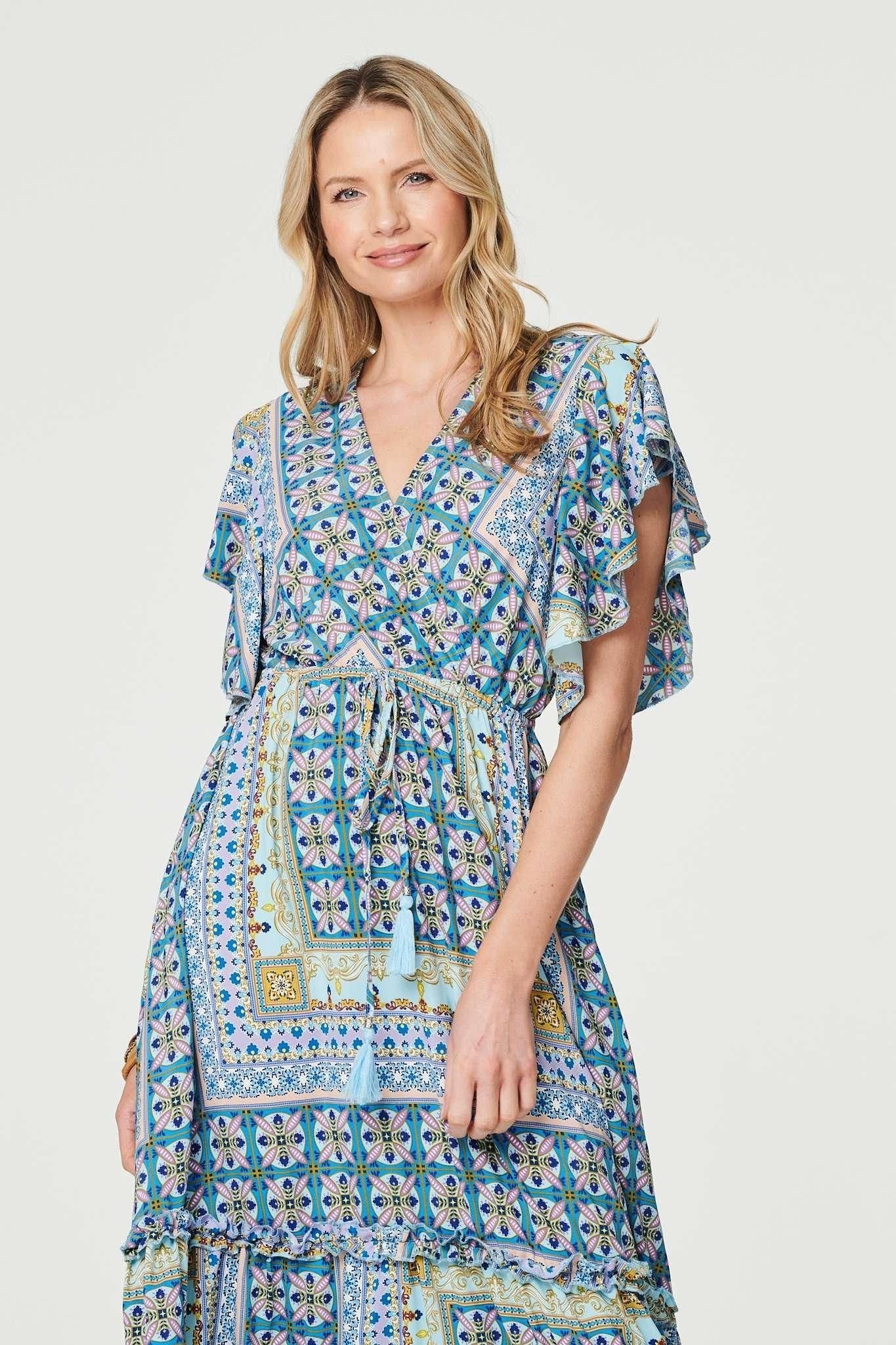 Izabel London Izabel London Women's Printed Frill Sleeve Maxi Dress in Blue - 4