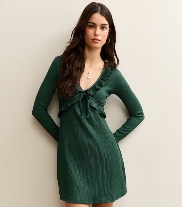 New Look Women's Dark Green Frill Neck Mini Dress New Look - 2
