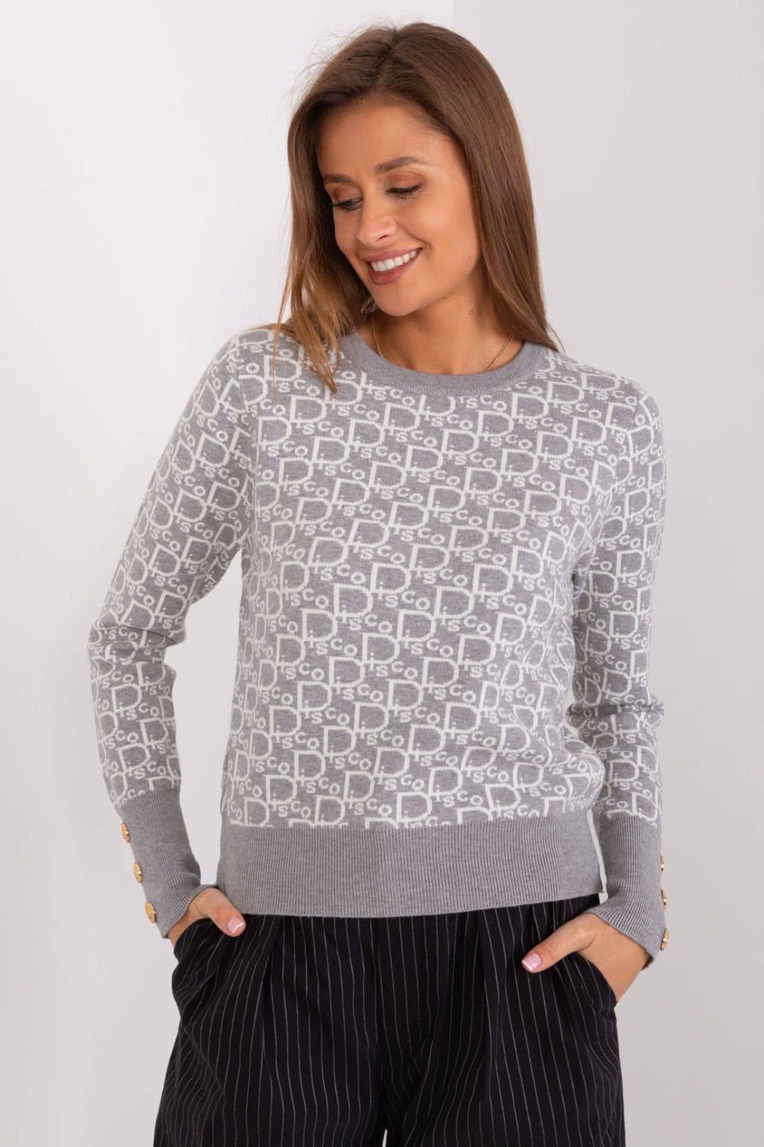 Love Lace Love Lace Women's Crew Neck Button Cuff Printed Long Sleeve Sweater in Grey