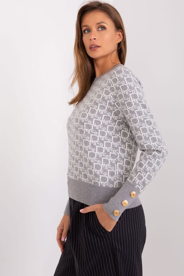 Love Lace Love Lace Women's Crew Neck Button Cuff Printed Long Sleeve Sweater in Grey - 2
