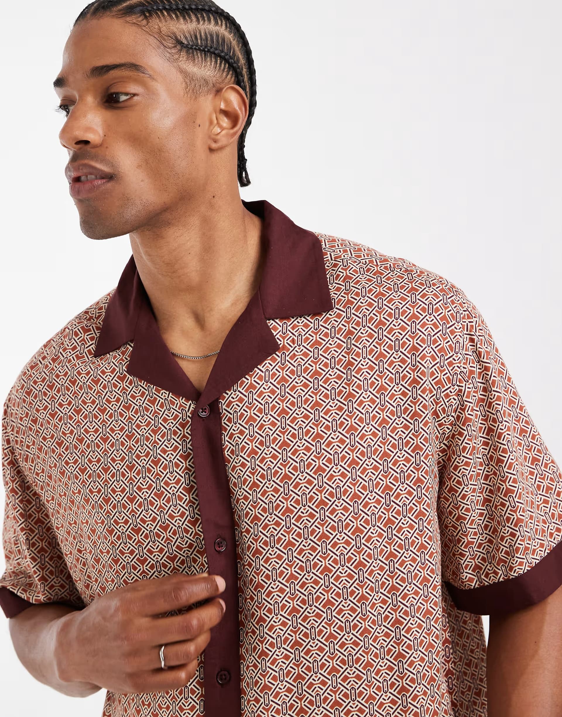 ASOS ASOS DESIGN co-ord relaxed revere shirt in orange geo print with border