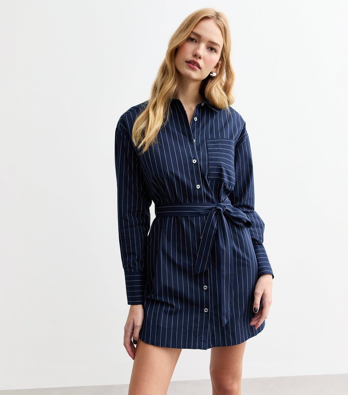 New Look Women's Navy Pinstripe Poplin Mini Shirt Dress New Look