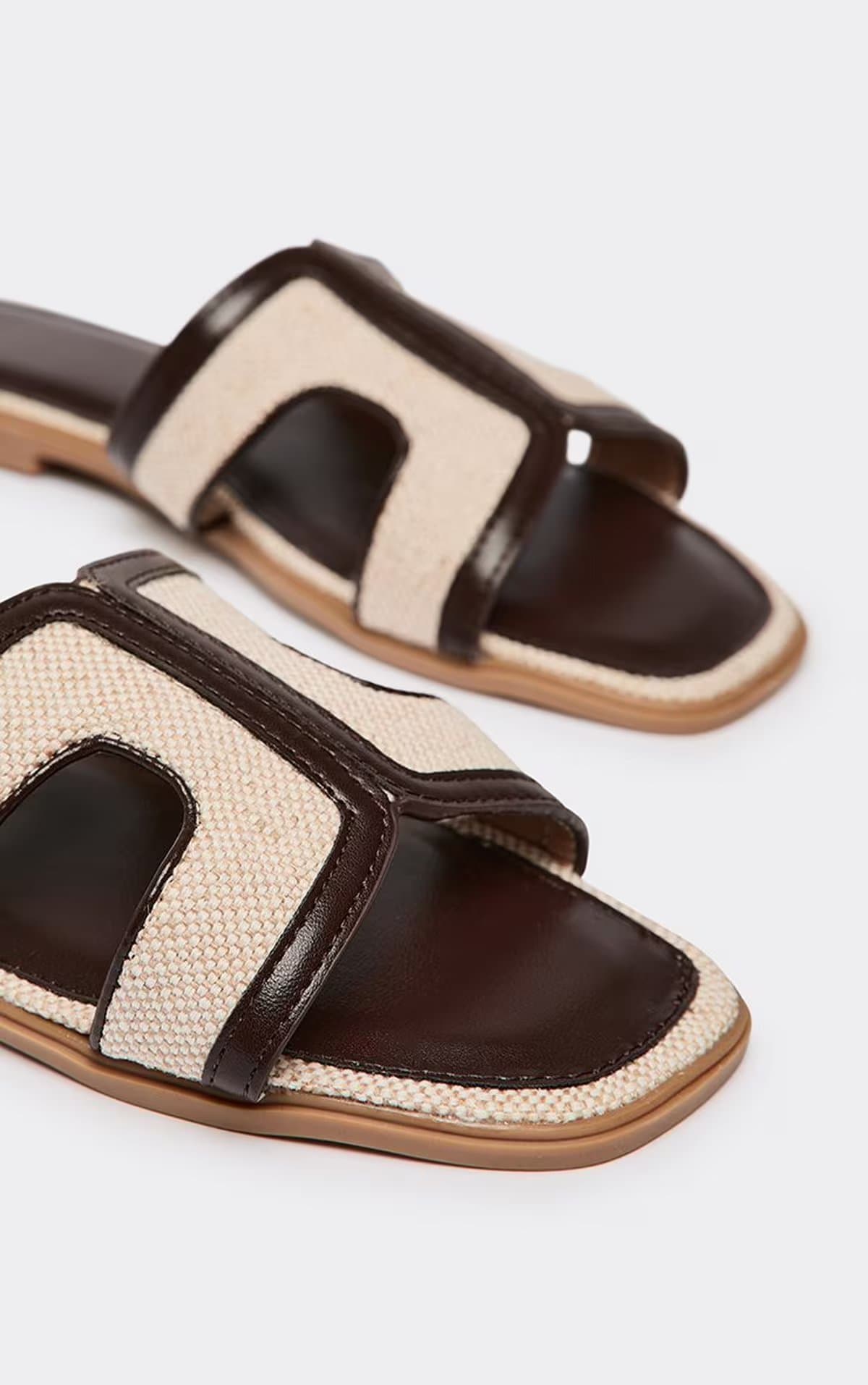 EGO Peta Cut Out Strap Woven Detail Flat Slider Sandal In Brown Faux Leather, Women's Size UK 3