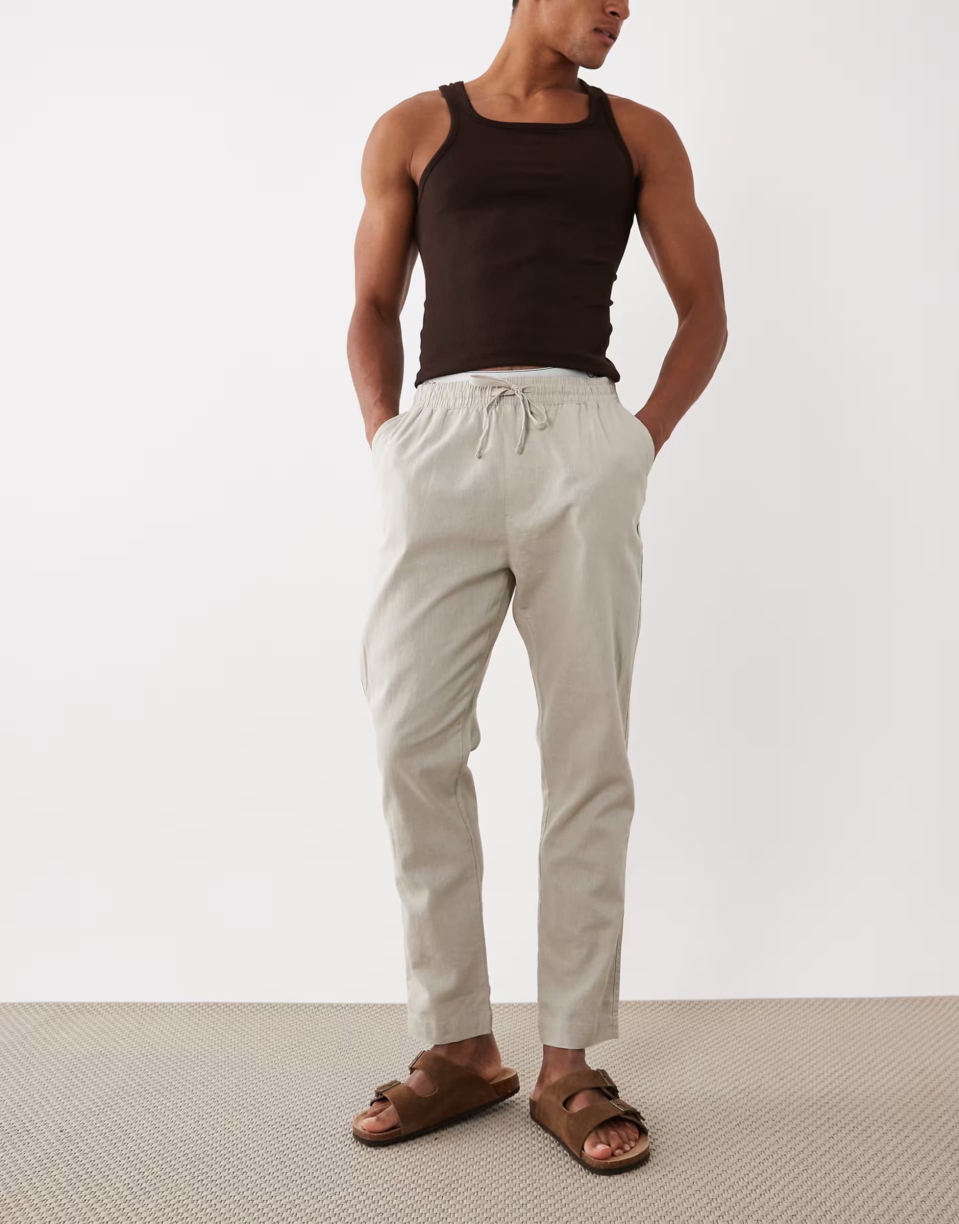 ASOS Brave Soul relaxed fit cotton trousers with linen in stone