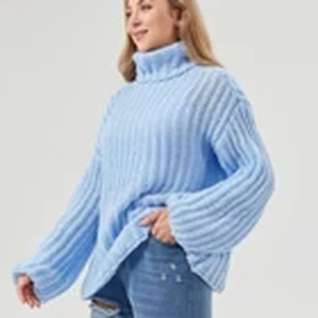 Havendro Havendro Women's XL Blue Chunky Knitted High Polo Roll Neck Jumper Oversized Top in Light Blue