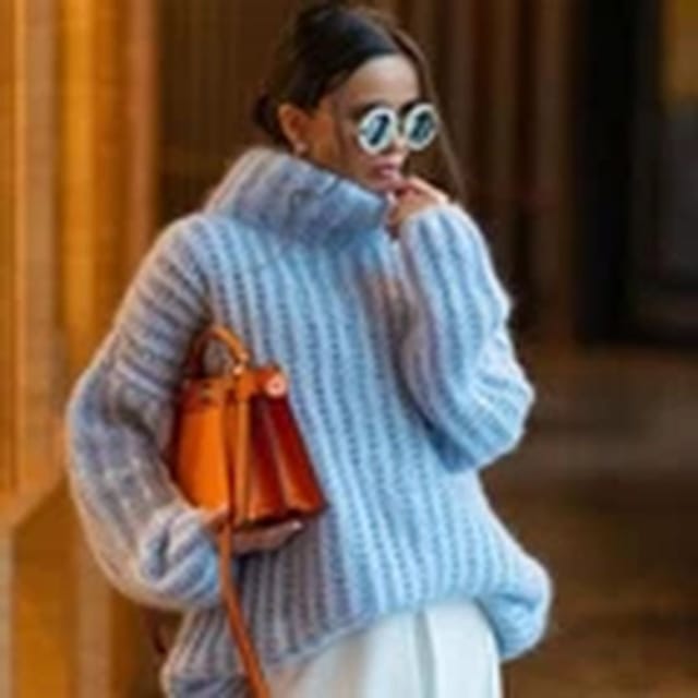 Havendro Havendro Women's XL Blue Chunky Knitted High Polo Roll Neck Jumper Oversized Top in Light Blue - 2
