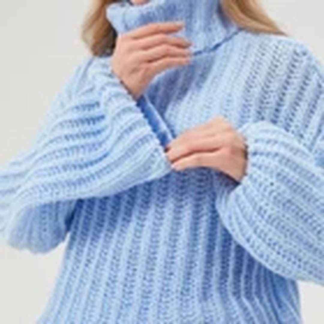 Havendro Havendro Women's XL Blue Chunky Knitted High Polo Roll Neck Jumper Oversized Top in Light Blue - 3