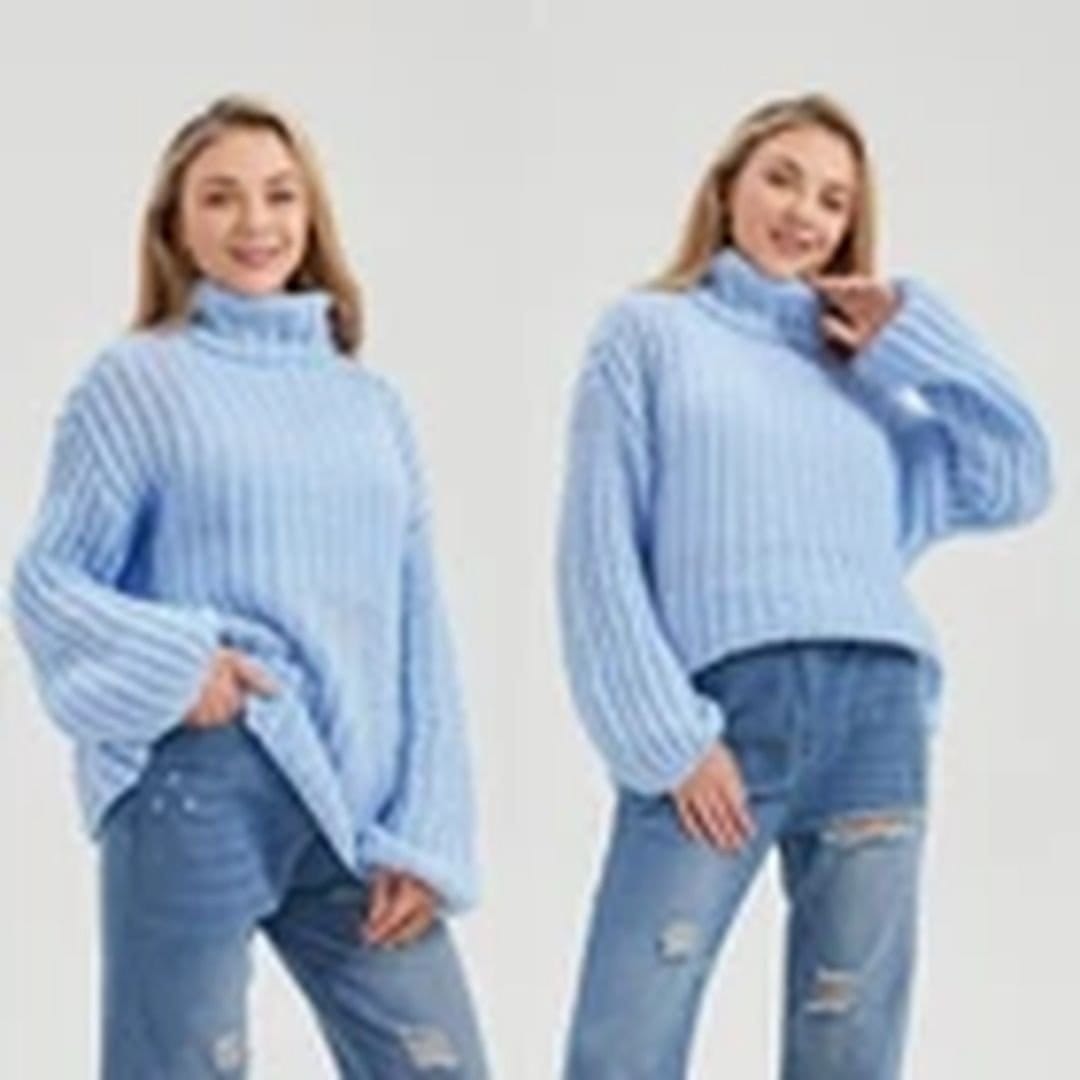 Havendro Havendro Women's XL Blue Chunky Knitted High Polo Roll Neck Jumper Oversized Top in Light Blue - 4