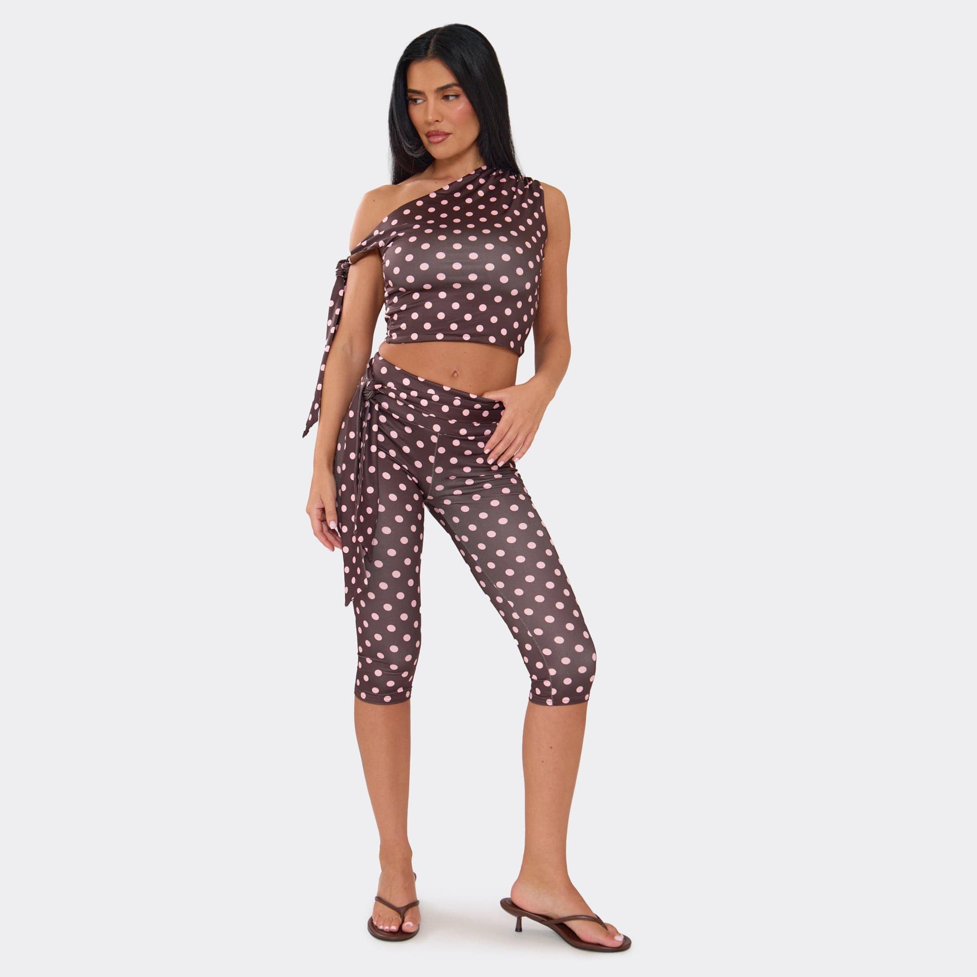 EGO Off The Shoulder Tie Detail Top And Capri Trouser Co-Ord Set In Brown Polka Dot, Women's Size UK M/L
