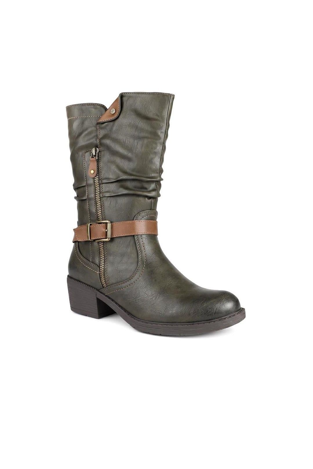 Pavers Pavers Women's Waterproof Zip & Buckle Heeled Calf Boots in Khaki