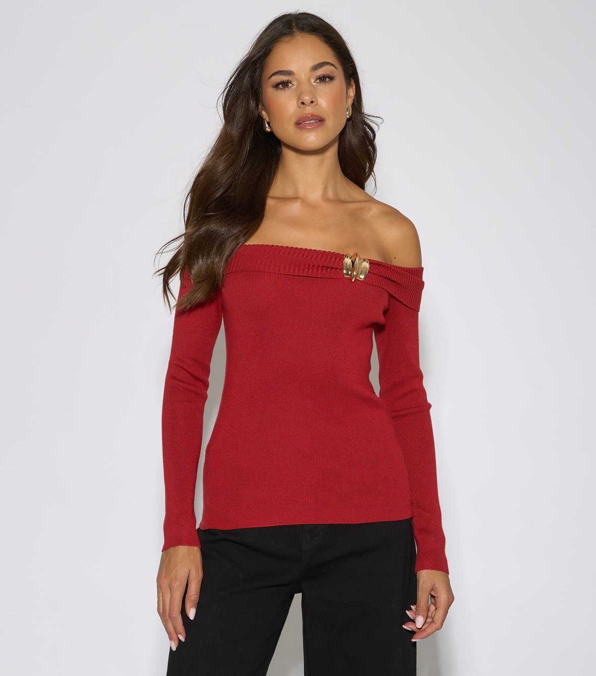 Gini London Women's Dark Red Bardot Button Detail Top Gini London New Look