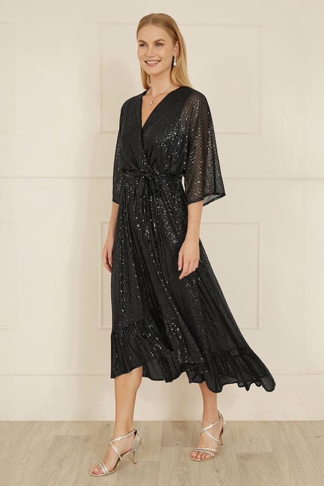 Yumi Yumi Women's Black Sequin Kimono Midi Wrap Dress - 3