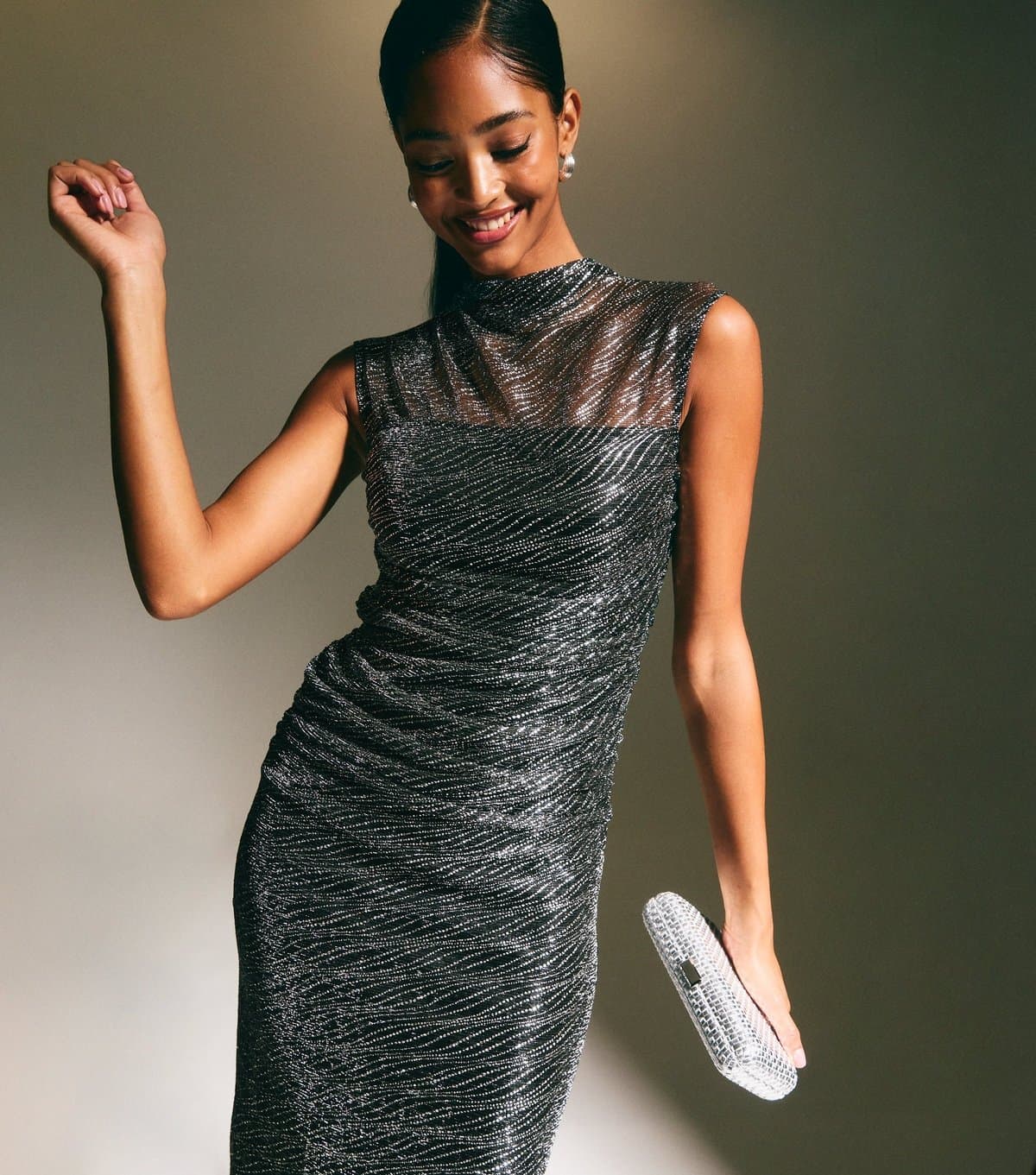 New Look Women's Pewter Foil Dot Pattern Mesh Midi Dress New Look