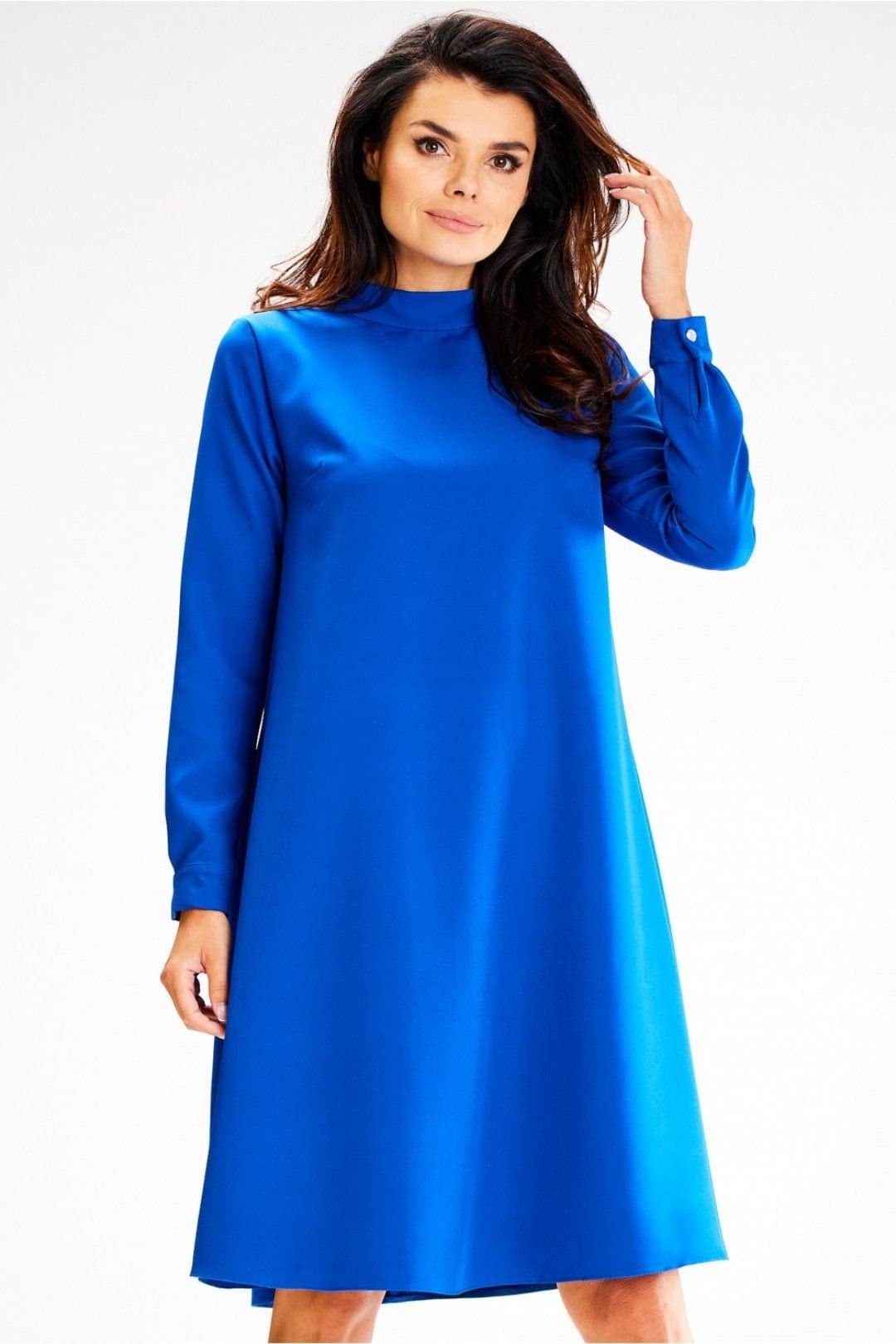 Love Lace Love Lace Women's Loose Trapezoid Dress Half Turtleneck Button Back in Blue