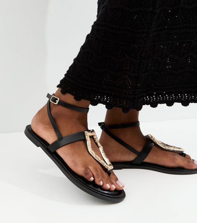 New Look Women's Black Faux Leather Metal Detail Sandals Vegan New Look - 2