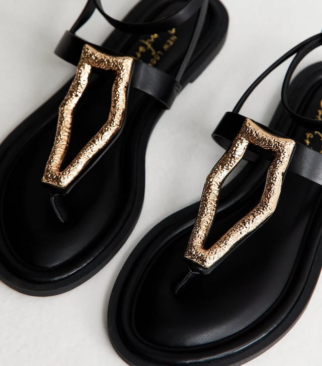 New Look Women's Black Faux Leather Metal Detail Sandals Vegan New Look - 3