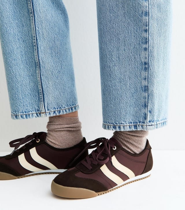New Look Women's Dark Burgundy Faux Suede Panelled Lace-Up Trainers Vegan New Look - 2