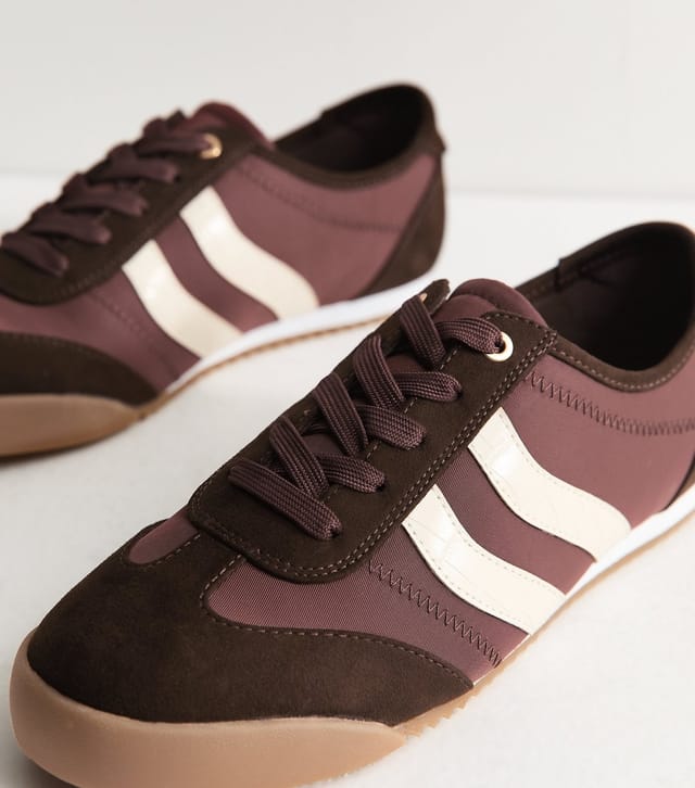 New Look Women's Dark Burgundy Faux Suede Panelled Lace-Up Trainers Vegan New Look - 3
