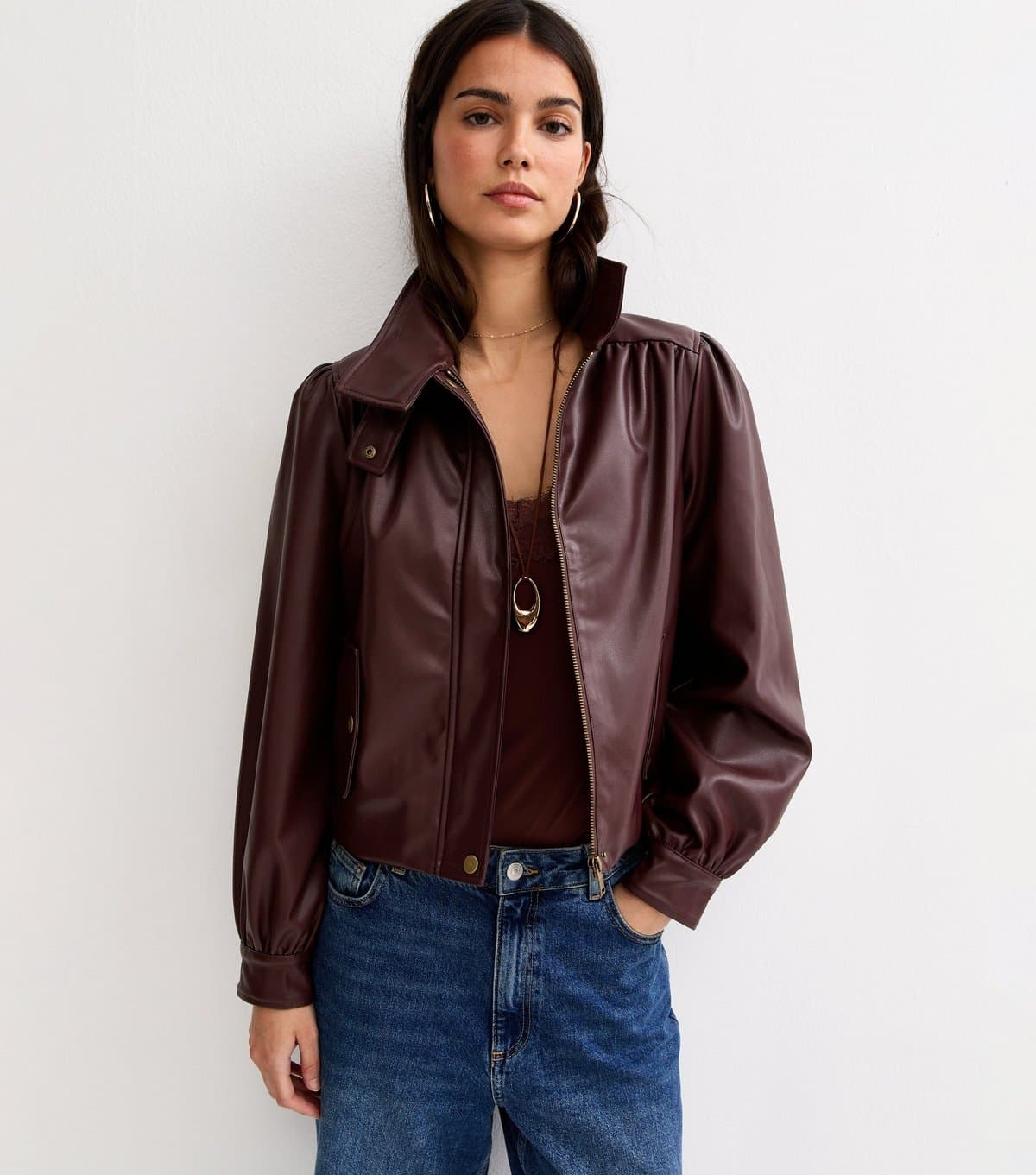 New Look Women's Burgundy Faux Leather Funnel Neck Jacket New Look