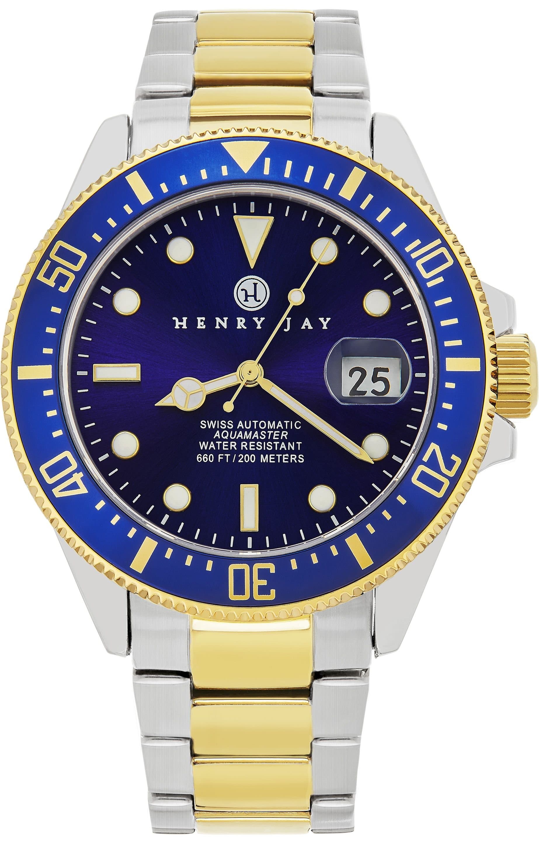 Henry Jay Henry Jay Men's Swiss Self Winding Mechanical Automatic 23K Gold Plated Two Tone Stainless Steel Specialty Aquamaster Professional Swiss Dive Watch