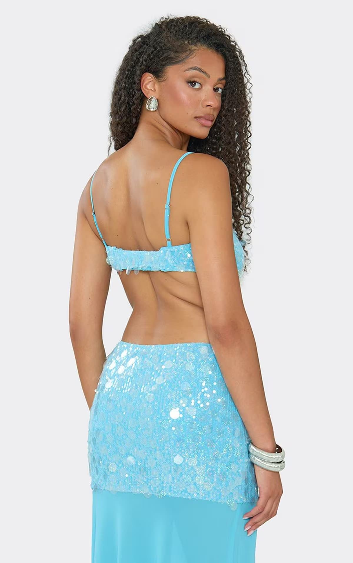 EGO Square Neck Bralet Top In Aqua Blue Sequin., Women's Size UK 6