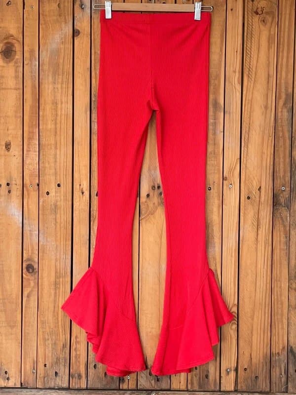 Topshop Topshop Red Ribbed Knit Flared Trousers leggings Frill ruffle Hem Size 8 Y2K