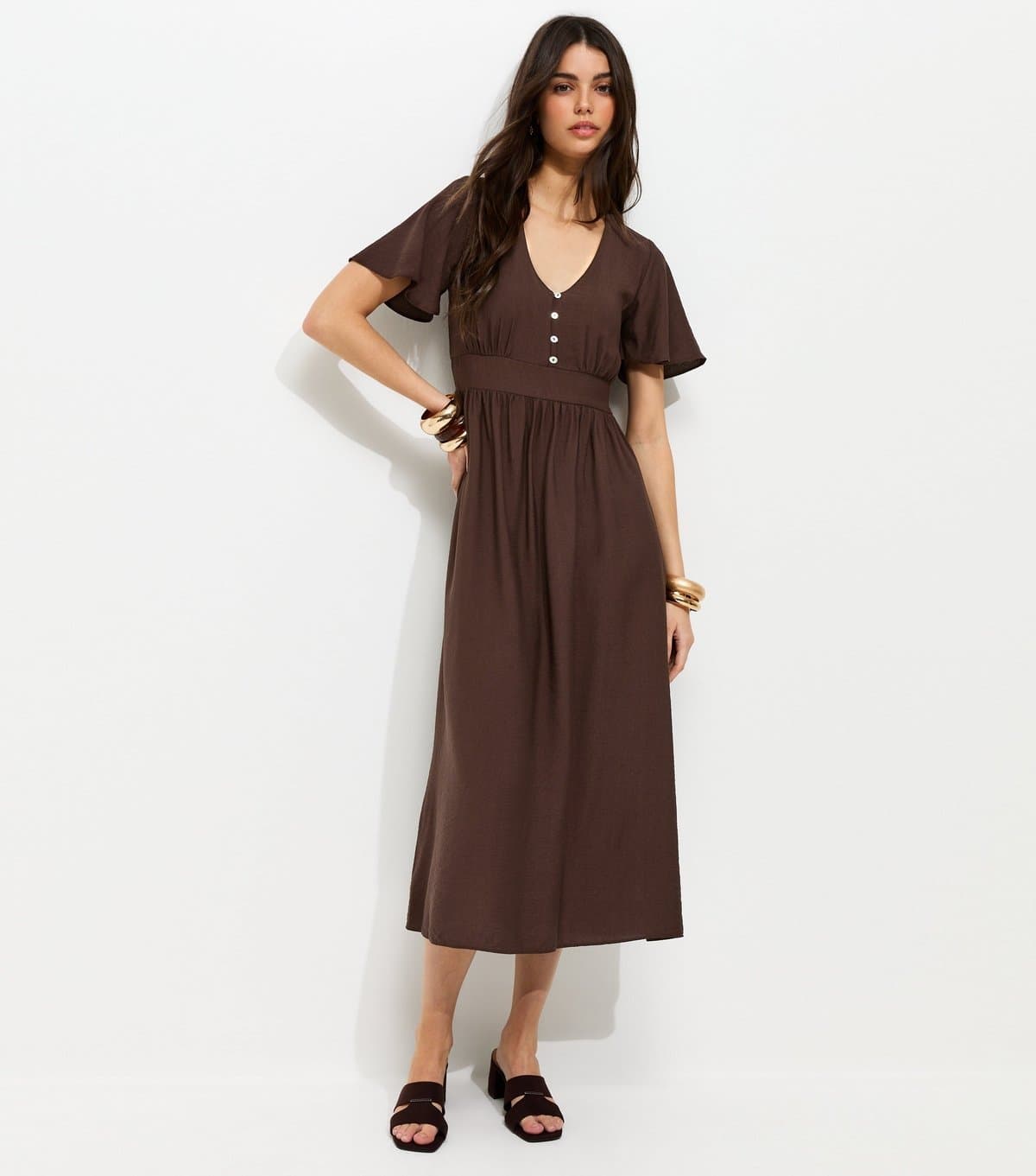 New Look Women's Brown Frill Sleeve V Neck Midi Dress New Look