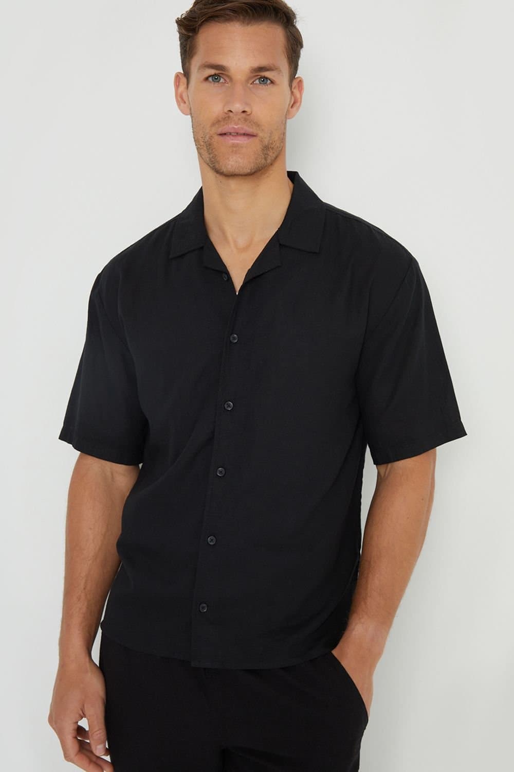 Threadbare threadbare Men's 'Kylian' Linen Blend Revere Collar Short Sleeve Shirt in Black