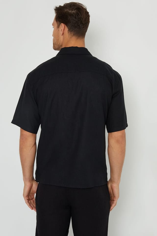 Threadbare threadbare Men's 'Kylian' Linen Blend Revere Collar Short Sleeve Shirt in Black - 2