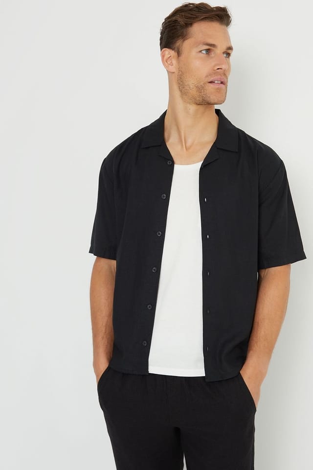Threadbare threadbare Men's 'Kylian' Linen Blend Revere Collar Short Sleeve Shirt in Black - 3