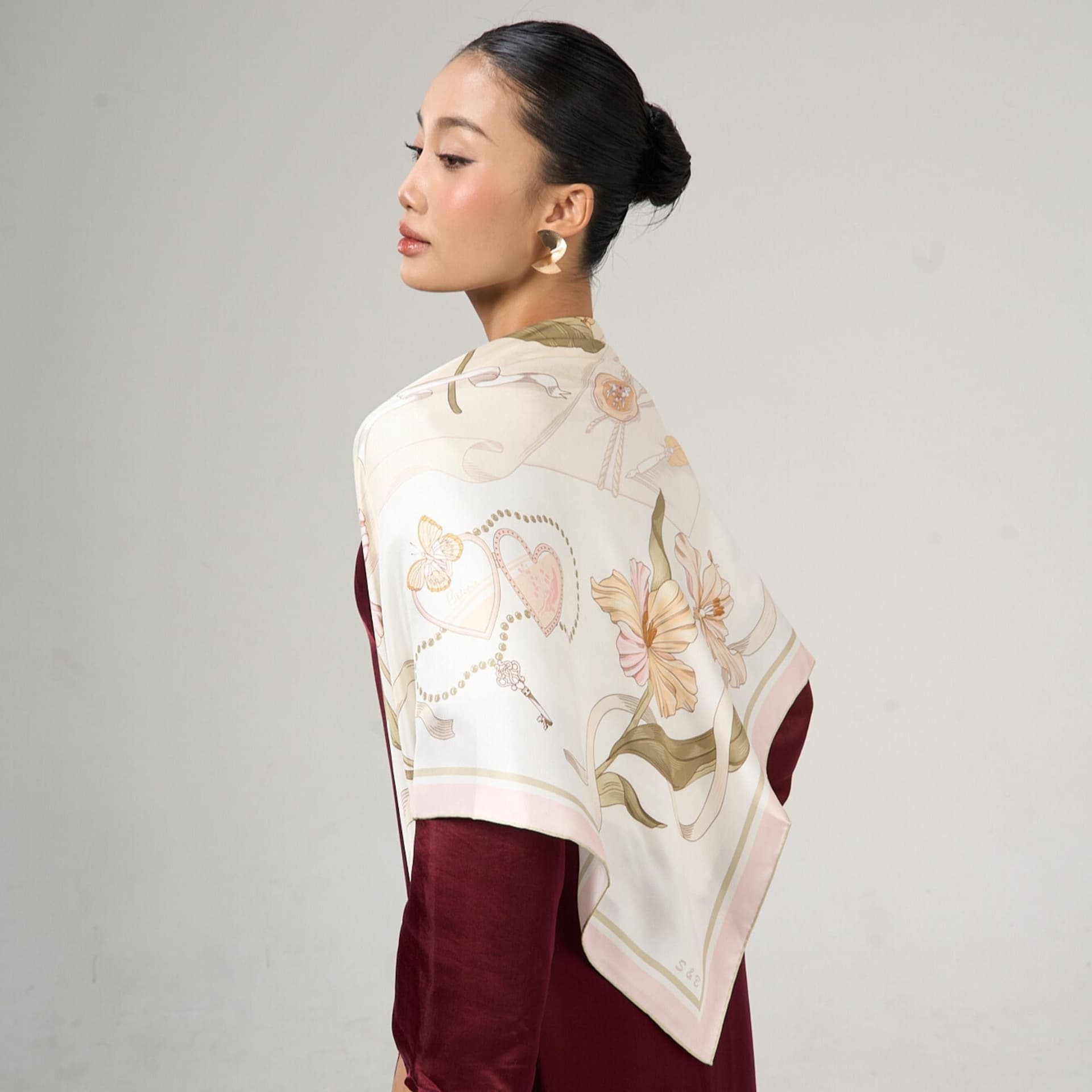 Silk and Bears Silk and Bears Ivory Floral & Ribbon Print Silk Twill Scarf