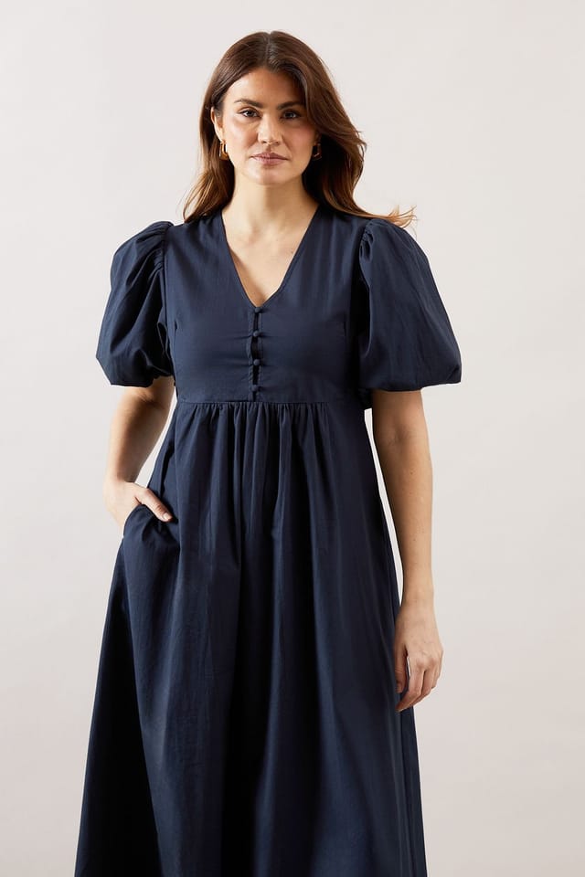 Wallis Wallis Women's Cotton Poplin Button Midi Dress in Navy - 2