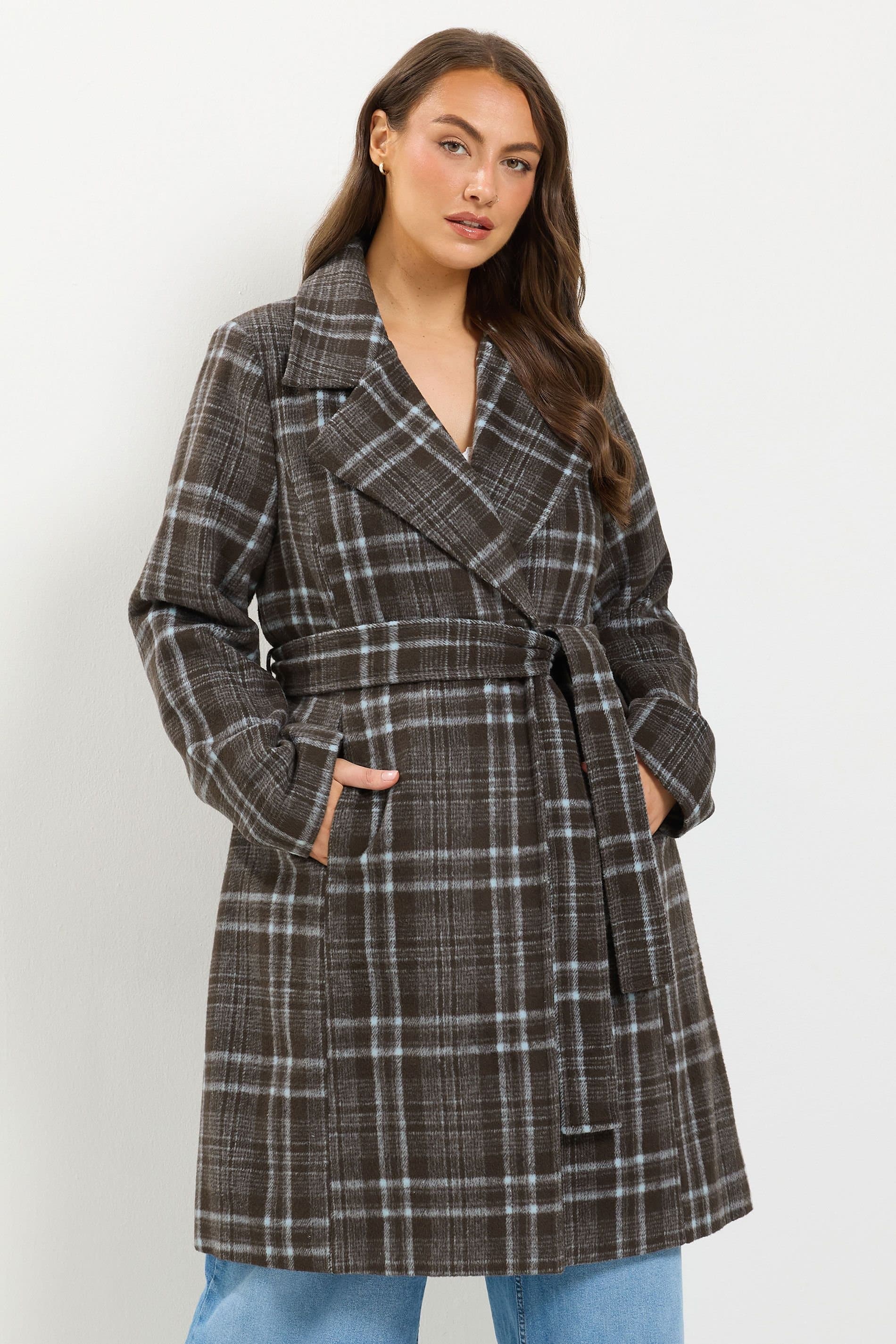 Yours Yours Women's Check Longline Wrap Coat in Chocolate