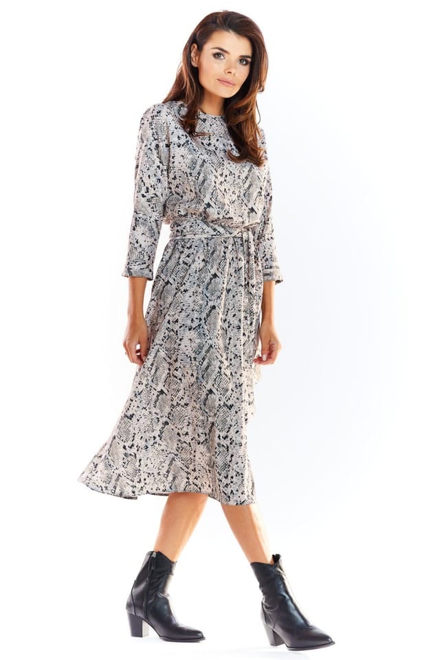 Love Lace Love Lace Women's Patterned Midi Dress Elastic Waist Decorative Belt in Grey - 2