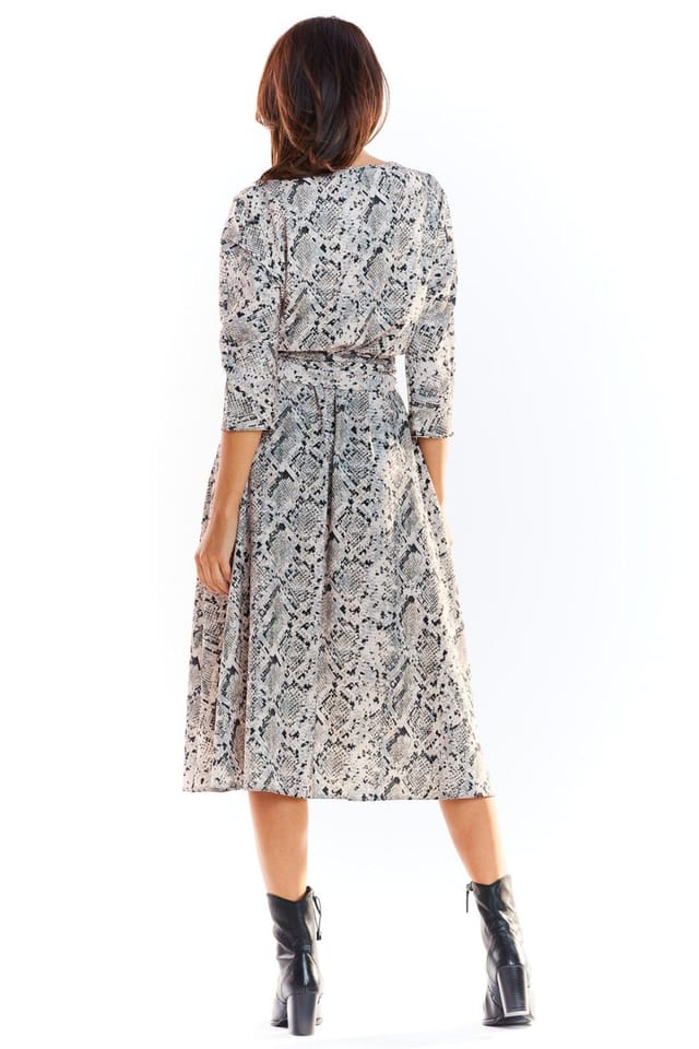 Love Lace Love Lace Women's Patterned Midi Dress Elastic Waist Decorative Belt in Grey - 3
