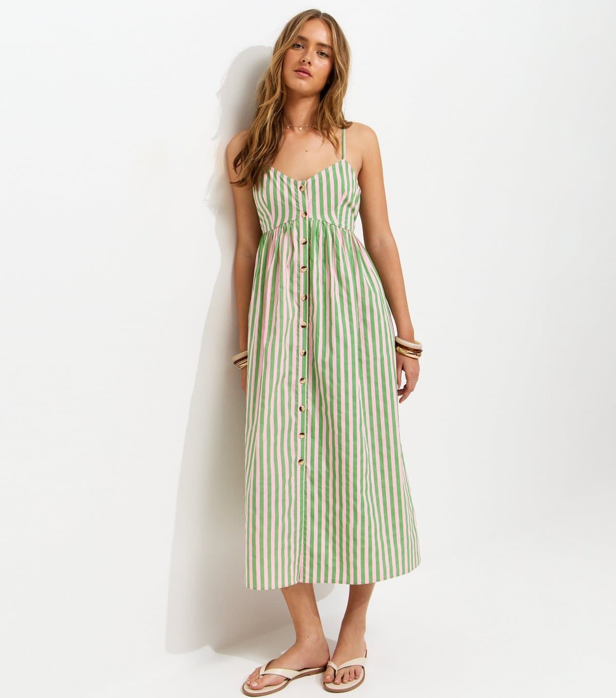 New Look Women's Green Striped Button Front V-Neck Cami Midi Dress New Look